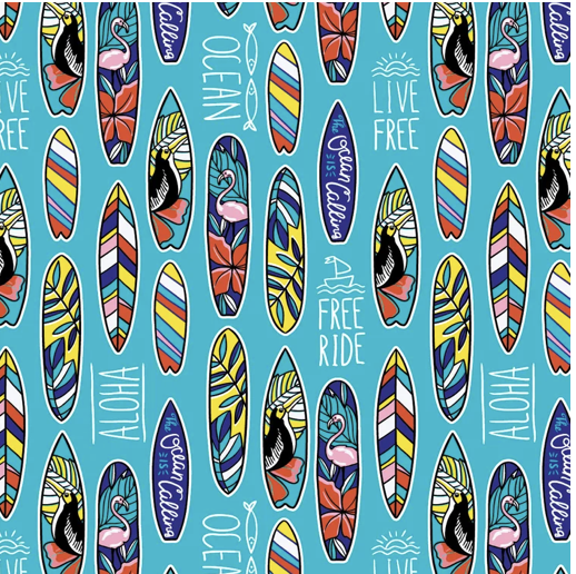 Surf board of different sizes shapes and colours on a blue background print